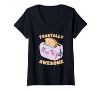 Women's Toastally Awesome Happy Toaster Bread Pun V-Neck T-Shirt