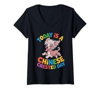 Women's Today is a Chinese Crested Day Cartoon Pet Breed Puff Dog V-Neck T-Shirt