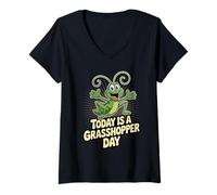 Womens Today is A Grasshopper Day Cute Cartoon Quote Garden Insect V-Neck T-Shirt