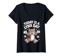 Womens Today is A Lynx Day Funny Cute Cartoon Alpine Cat Wildcat V-Neck T-Shirt