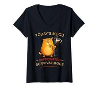 Womens Today’s Mood Caffeinated Survival Mode Funny Cat-Coffee Meme V-Neck T-Shirt