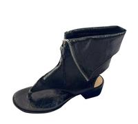 Women's Toe Post Block Heel Sandal Boots UK Ladies Patent Leather Open Toe Booties with Front Zipper Chunky Low Block Heel Thong Sandals Fashion Party Casual Dressy Sandals for Women Black