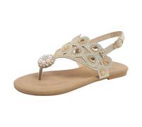 Women's Toe-Post Sandals Casual Flat Rome Shoes Summer Ladies Lightweight Buckle Clip Toe Beach Sandal For Women Cute Sparkly Pretty Diamante Comfortable Wide Fit Thong Foot Thongs Gold 7.5