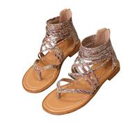 Women's Toe-Post Sandals Flat Casual Strappy Open Toe Heel Fisherman Shoes For Women Post Summer Bohemian Ladies Jewelled Beach Womens Wide Flip Flops Thong Falt Fit Silver Brown 4.5