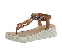 Women's Toe Post Wedge Sandals with Arch Support Elasticated Ankle Strap Chunky Sandals Summer Breathable Comfortable Flat Shoes Bohemia Beach Walking Shoes Non-Slip Footwear (Brown, 5)