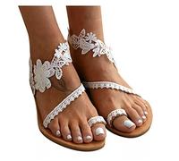 Women's Toe Ring Summer Beach Dressy Shoes Bohemia Casual Lace Flowers Flat Thong Roman Wedding Flip Flops Comfy Slip on Sandals Outdoor Beach Shoes,White,US7/EU38