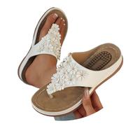 Women's Toe Separator with Heel, Orthopaedic Slippers with Flower, Elegant Bohemian Flip Flops, Non-Slip, Lightweight, Soft Hiking Sandals, Beach Slippers, Summer Slippers, Casual Shoes, White, 10 UK