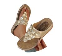 Women's Toe Separator with Heel, Orthopaedic Slippers with Flower, Elegant Bohemian Flip Flops, Non-Slip, Lightweight, Soft Hiking Sandals, Beach Slippers, Summer Slippers, Casual Shoes, gold, 10 UK