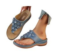 Women's Toe Separator with Heel, Orthopaedic Slippers with Flower, Elegant Bohemian Flip Flops, Non-Slip, Lightweight, Soft Hiking Sandals, Beach Slippers, Summer Slippers, Casual Shoes, blue, 4 UK