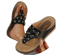 Women's Toe Separator with Heel, Orthopaedic Slippers with Flower, Elegant Bohemian Flip Flops, Non-Slip, Lightweight, Soft Hiking Sandals, Beach Slippers, Summer Slippers, Casual Shoes, black, 8.5 UK