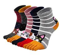 Womens Toe Socks Ladies Five Finger Cotton Sport Socks, Womens Funny Cute Cat Animal Socks Ladies Novelty Socks with Toe, 5 Pairs