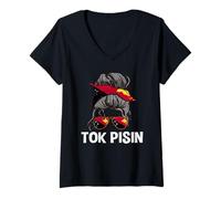 Womens Tok Pisin PNG Messy Hair Bun Design Papua New Guinea Girl V-Neck T-Shirt