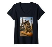 Womens Tokyo Cat in Straw Hat with Tea Cup Skytree City View Japan V-Neck T-Shirt