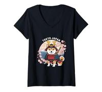 Womens Tokyo Japan Samurai Shiba Dog Cherry Blossom Design V-Neck T-Shirt