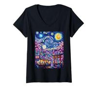 Women's Tokyo Japan Starry Night Swirling Sky Ramen Torii V-Neck T-Shirt