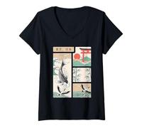 Womens Tokyo Japan Traditional Koi Fish Crane Torii Art Culture V-Neck T-Shirt