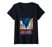 Womens Tokyo Night Crossing Swirl Art V-Neck T-Shirt