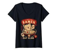 Women's Tokyo Ramen Cat Club Cute Japanese Noodle Bowl Art V-Neck T-Shirt