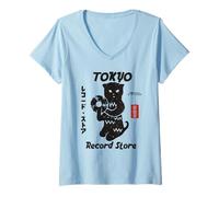 Womens Tokyo Record Store Cat, Vintage Japanese Vinyl Music Anime V-Neck T-Shirt