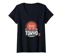 Womens Tokyo Souvenir Tori Gate Japan Sun Japanese Kanji Hanko V-Neck T-Shirt