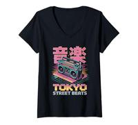 Womens Tokyo Street Beats Pop Culture Japanese Aesthetic V-Neck T-Shirt