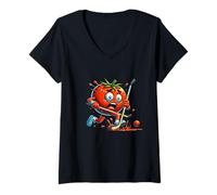 Womens Tomato Panic Hockey Cartoon Funny Rink Chase V-Neck T-Shirt