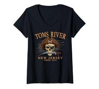 Women's Toms River New Jersey Pirate Skull Since 1614 Orange V-Neck T-Shirt