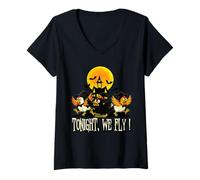 Womens Tonight We Fly Funny Chicken Witches Halloween Humor V-Neck T-Shirt