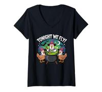 Womens Tonight We Fly Funny Witchy Chickens Spooky Farm Halloween V-Neck T-Shirt