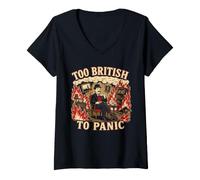 Women's Too British to Panic Funny English Tea Lover V-Neck T-Shirt
