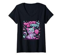 Womens Too Cute To Be Creepy Scary Kitty Funny Kawaii Pastel Boo V-Neck T-Shirt
