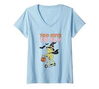 Womens Too Cute To Fly Halloween Witch Frog V-Neck T-Shirt