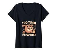 Women's Too Tired to Manifest Funny Sloth Coffee V-Neck T-Shirt