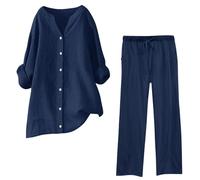 Womens Top and Trousers Set Linen Lounge Wear Co Ord Set Ladies Travel Summmer Outfits Oversized Leisure Tracksuit Suits V Neck Solid Long Sleeve Blouse and Wide Leg Pant Home 2 Piece Sets S-5XL