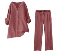 Womens Top and Trousers Set Linen Lounge Wear Co Ord Set Ladies Travel Summmer Outfits Oversized Leisure Tracksuit Suits V Neck Solid Long Sleeve Blouse and Wide Leg Pant Home 2 Piece Sets S-5XL