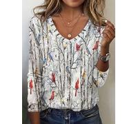 Women's Top, Bird Print Long Sleeve V-Neck Casual Fall Outfits | Loose fit, graphic top, soft fabric, layering piece, casual chic, casual everyday wear, weekend outings, running errands