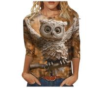 Womens Top Casual Loose Ladies 3/4 Sleeve Tops Lightweight Tunics Winter Autumn Ladies T-Shirts Owl Print Blouses Crewneck Tee Shirts Work Going Out Tops Fall Outfits