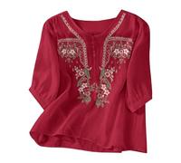 Womens Tops 2026 Oversized Embroidery Cotton Linen Shirts For Women Uk Retro Jacquard Short Sleeve Boho Blouse Lightweight Loose Fit Flowy Hem Ladies Tunic Tops Button Down V Neck Summer Beach Shirt