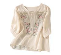 Womens Tops 2026 Oversized Embroidery Cotton Linen Shirts For Women Uk Retro Jacquard Short Sleeve Boho Blouse Lightweight Loose Fit Flowy Hem Ladies Tunic Tops Button Down V Neck Summer Beach Shirt