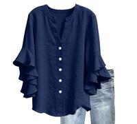 Womens Tops 2026 Summer Cotton Linen Tops For Women 3/4 Sleeves Ruffle Sleeve Blouse V-Neck Button Down Shirt Lightweight Dressy Top Ladies Loose Fit Soft Shirts Casual Blouse For Daily Wear