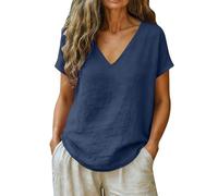Womens Tops 2026 Summer Linen Short Sleeve V Neck Loose Fit T Shirt Casual Fashion Elegant Solid Color Classic Travel Blouses Loose Tops for Women UK Navy M