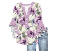 Women's Tops 3/4 Length Sleeve Floral Shirts Flowy Ruffle Sleeve Tops Half Button Down Shirt Summer V-Neck Blouse Elegant Short Sleeve Summer Tunic Print Large Sizes Tops, purple, L