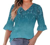 Womens Tops 3/4 Length Sleeve Summer Tunic T Shirts Ladies V-Neck Dressy Casual Ruffle Sleeve Blouses