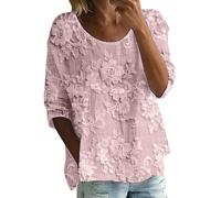 Womens Tops 3/4 Sleeve Linen Shirts Crew Neck Floral Print Loose Fit Casual Summer Autumn Fall Tops Lightweight Tunic Blouses Tees Plus Size Holiday Essentials Top