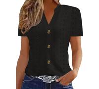 Womens Tops Babydoll Short Sleeve Shirts Causal Breathable Button V Neck Tunic Blouses Elegant Eyelet Embroidery T-Shirts Comfort Trendy Loose Fit Tees Shirt Going Out Tops