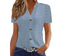 Womens Tops Babydoll Short Sleeve Shirts Causal Breathable Button V Neck Tunic Blouses Elegant Eyelet Embroidery T-Shirts Comfort Trendy Loose Fit Tees Shirt Going Out Tops