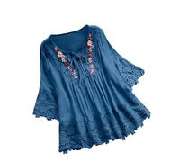Womens Tops Blouses for Women UK Elegant Lace Linen 3/4 Sleeve Crewneck Oversized T Shirts Summer Casual Boho Embroidered Going Out Party Beach Tops Blue 3XL