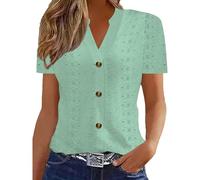 Womens Tops Casual Button Down Short Sleeve Shirts Ladies Tunic Tops Solid Color Plus Size Loose Blouse Fashion V Neck Oversized Tees Lightweight Summer Shirt Green
