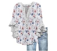 Womens Tops Casual Ruffle 3/4 Sleeve Shirts V Neck Button Up Baggy Top Plus Size Floral Printed Tee Eyelet Hollow Spring Summer Beach Blouses