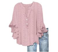 Womens Tops Casual Ruffle 3/4 Sleeve Shirts V Neck Button Up Baggy Top Plus Size Floral Printed Tee Eyelet Hollow Spring Summer Beach Blouses